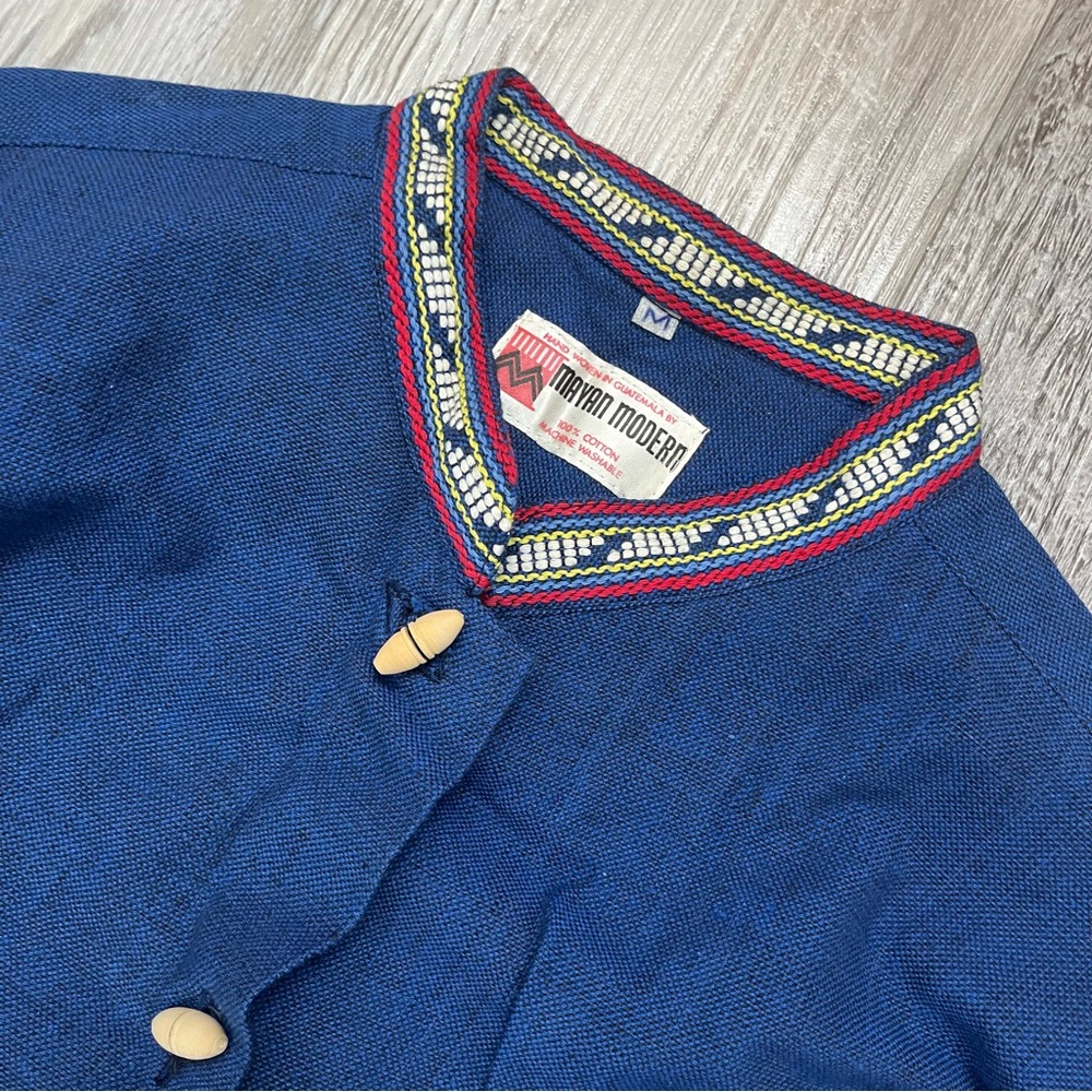 Vintage Mayan Modern Hand Woven Shirt Embroidered Blue Size Medium